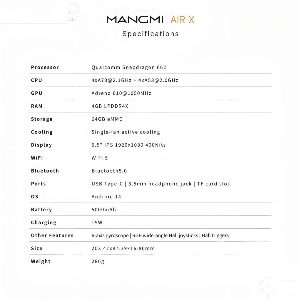 Gaming Point: MANGMI AIR X Handheld Game Console Qualcomm Snapdragon 662 5.5'' Touchscreen Android 14 Active Cooling Fan 15W Fast Charging RGB